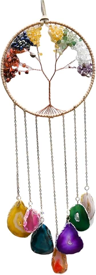 7 Chakra Campana de Viento Árbol de la Vida de Discos de ágata Natural, Campana de Viento de Cristal Hecha a Mano para Exterior e Interior, decoración de Pared con Piedras Preciosas.