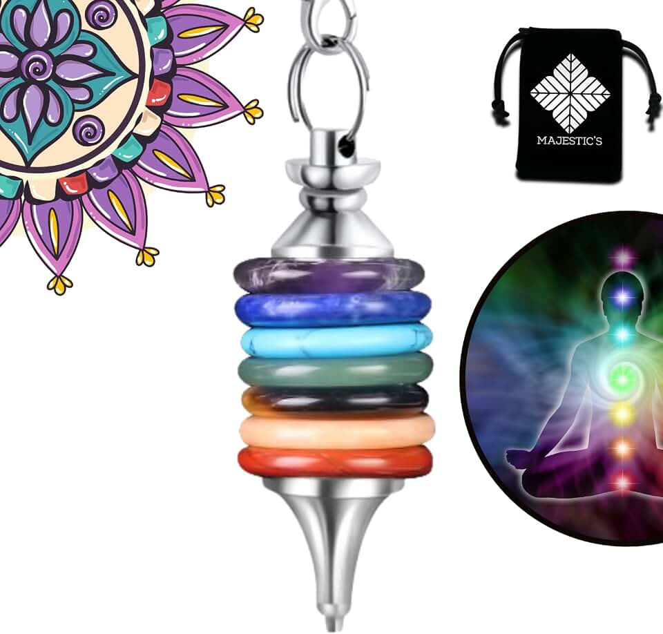 Majestic's Péndulo Adivinación de Radiestesia 7 Chakras – Pendulo divinatorio de Radiestesia Universal – Cuarzo Amatista Aventurina Lapislázuli Jaspe – Esoterismo